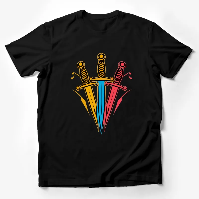 Colorful Triple Sword Design T-Shirt, Vibrant Warrior Graphics, Unisex Tee Male T-Shirt