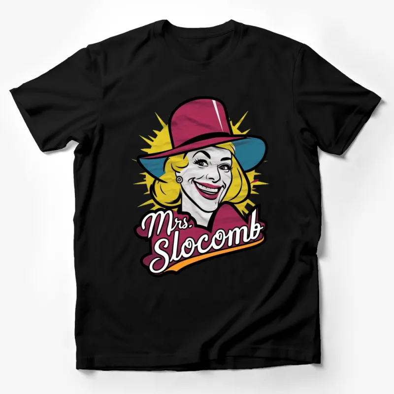 Vintage Mrs. Slocomb Cartoon Graphic T-Shirt, Pop Art Style Tee, Bold Colorful Design Male T-Shirt