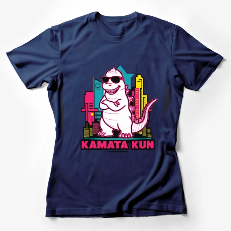 Cool Kamata Kun Dinosaur T-Shirt, Urban Style Graphic Tee, Colorful City Background Female T-Shirt