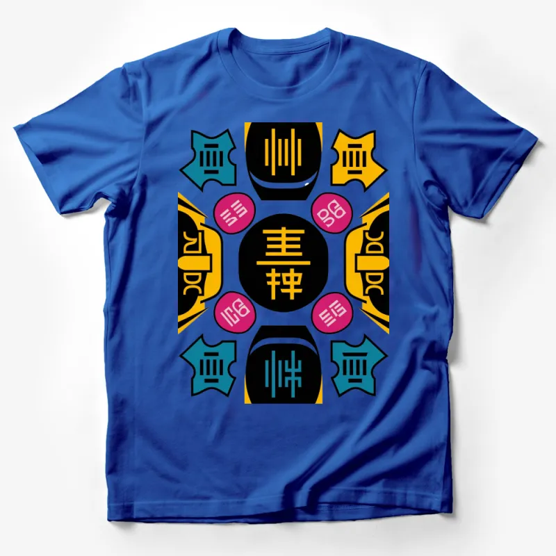 Graphic T-Shirt with Bold Geometric Patterns and Asian Characters, Colorful Casual Wear Male T-Shirt