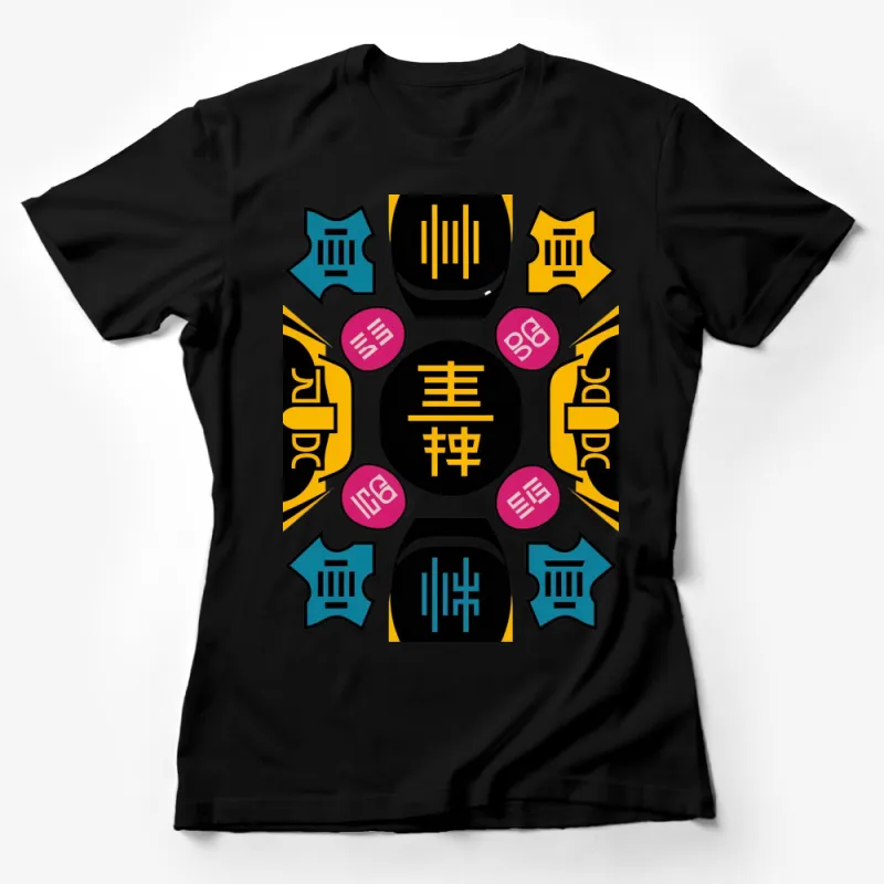 Graphic T-Shirt with Bold Geometric Patterns and Asian Characters, Colorful Casual Wear Female T-Shirt