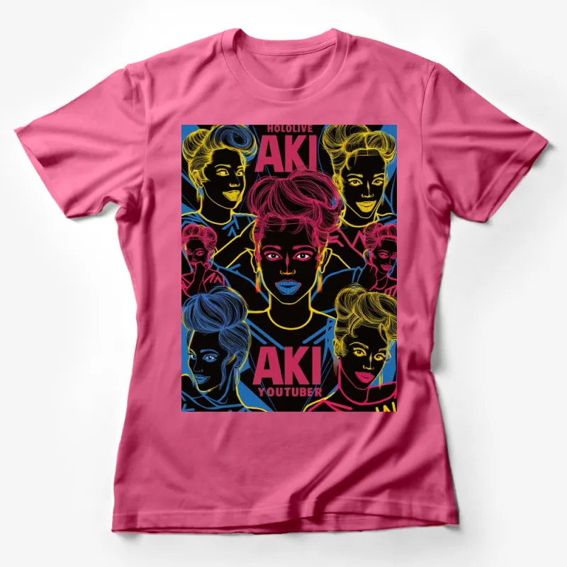 Vibrant Aki Hololive Inspired T-Shirt, Colorful Neon Graphic Tee, Pop Art Style, Fashionable Casual Wear Female T-Shirt