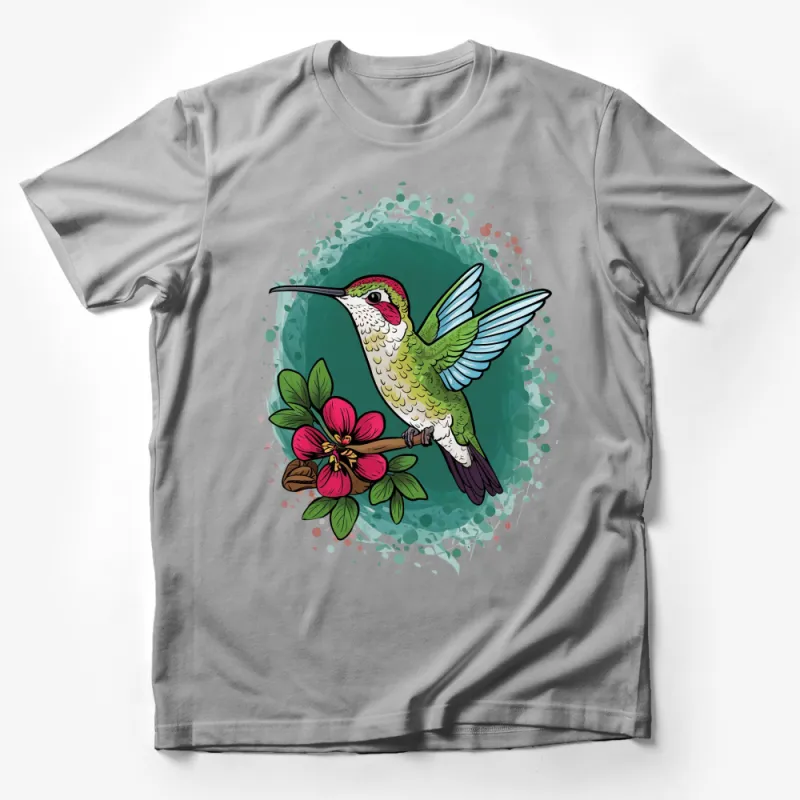 Hummingbird Floral T-Shirt, Nature Inspired Graphic Tee, Colorful Bird and Flowers Design, Unisex Casual Wear Male T-Shirt