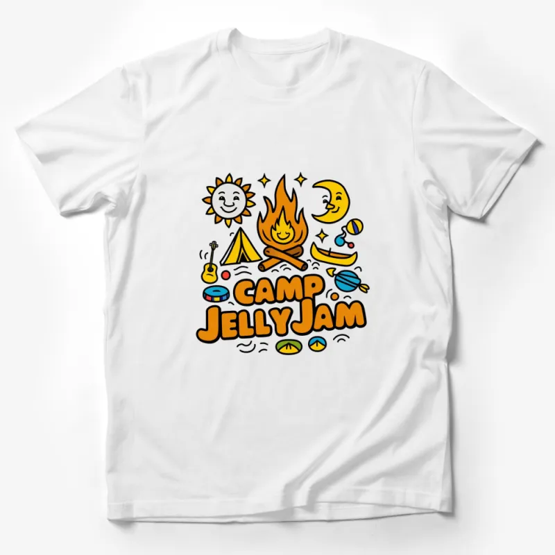 Camp JellyJam Cartoon Graphic T-Shirt, Fun Camping Sun Moon Fire Unisex Tee Male T-Shirt