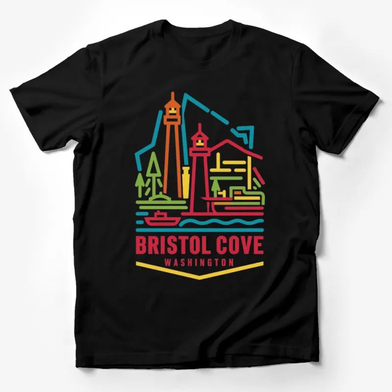 Bristol Cove Washington Colorful Skyline T-Shirt - Lighthouse and Cityscape Design Tee Male T-Shirt