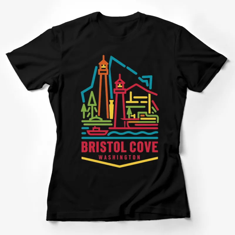 Bristol Cove Washington Colorful Skyline T-Shirt - Lighthouse and Cityscape Design Tee Female T-Shirt