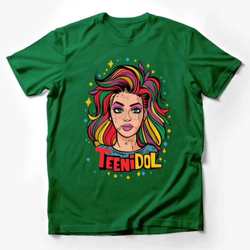 Colorful Pop Art Teen Idol Graphic T-Shirt, Funky Rainbow Hair Woman Tee Male T-Shirt