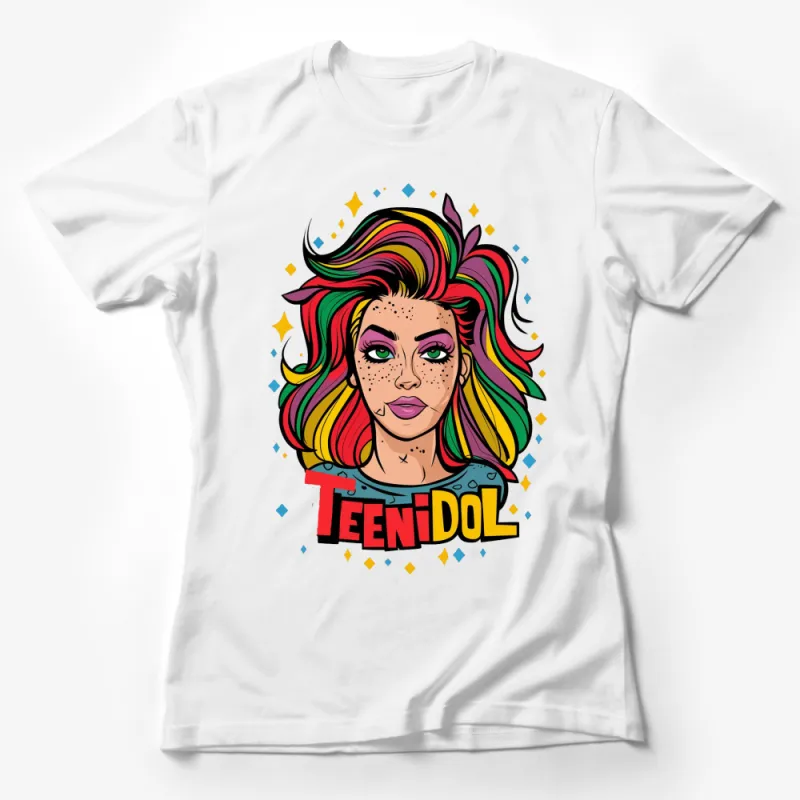 Colorful Pop Art Teen Idol Graphic T-Shirt, Funky Rainbow Hair Woman Tee Female T-Shirt