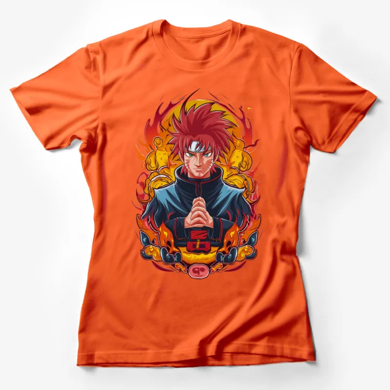 Anime Fire Warrior Graphic T-Shirt, Vibrant Red and Orange Flames, Cool Manga Style Tee for Fans Female T-Shirt