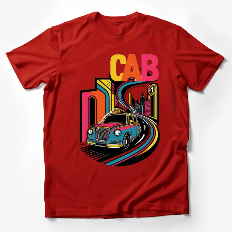 Retro Cab T-Shirt, Vibrant Cityscape Graphic Tee, Colorful Urban Vintage Taxi Design, Unisex Male T-Shirt