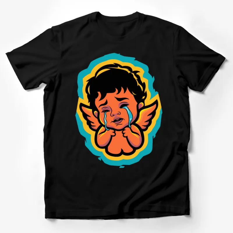 Angel Baby Cartoon T-Shirt, Cute Crying Cherub Graphic Tee, Colorful Angel Wings Kids Top Male T-Shirt