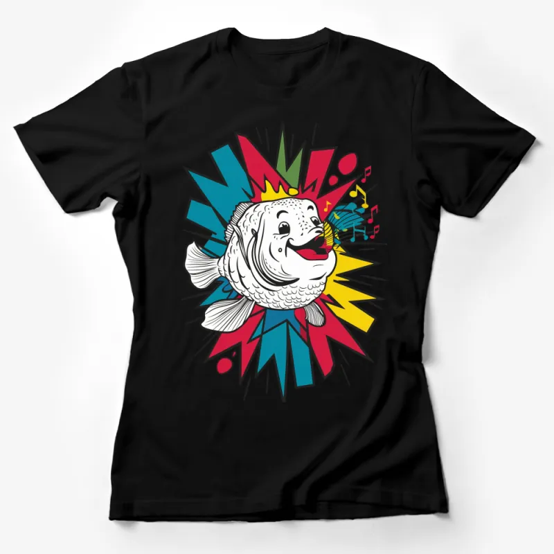 Colorful Pop Art Fish T-Shirt, Music Notes, Vibrant Retro Graphic Tee, Unisex Female T-Shirt