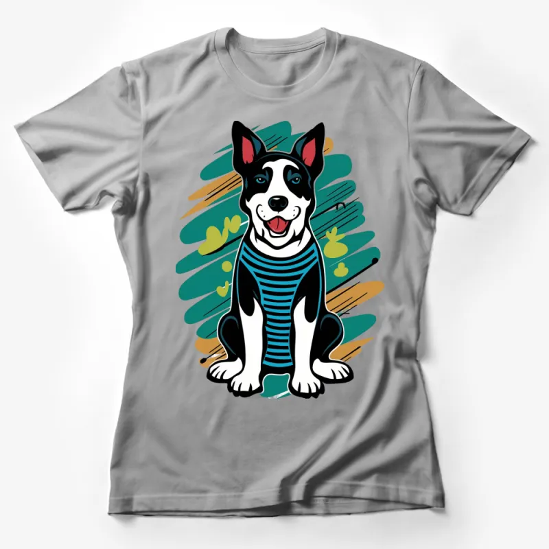 Striped Shirt Cartoon Dog T-Shirt, Colorful Dog Lover Graphic Tee, Fun Animal Apparel for All Ages Female T-Shirt