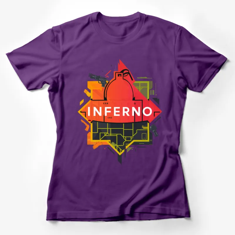 Vibrant Inferno Map Graphic T-Shirt for Gamers, Colorful Game Map T-Shirt, Gaming Apparel Female T-Shirt