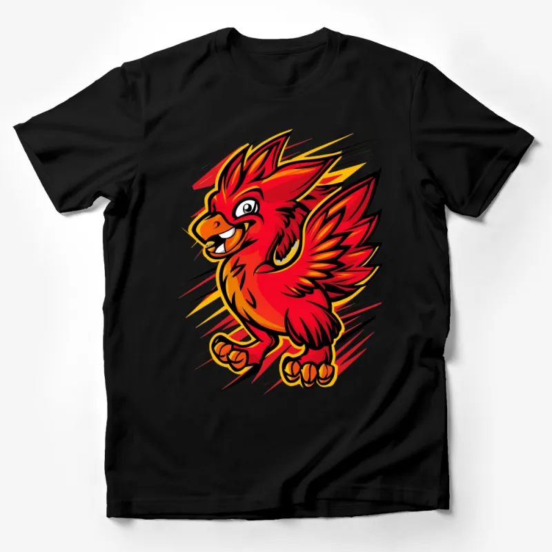 Bright Red Phoenix Cartoon Graphic T-Shirt, Vibrant Fantasy Bird Tee, Unisex Casual Wear, Unique Gift Idea Male T-Shirt