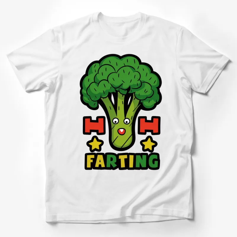 Funny Broccoli Farting Comic Graphic T-Shirt, Cute Veggie Humor Tee, Green Cartoony Kids and Adults Top Male T-Shirt