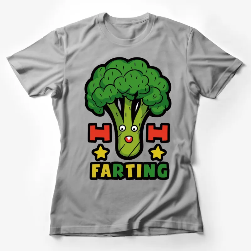 Funny Broccoli Farting Comic Graphic T-Shirt, Cute Veggie Humor Tee, Green Cartoony Kids and Adults Top Female T-Shirt