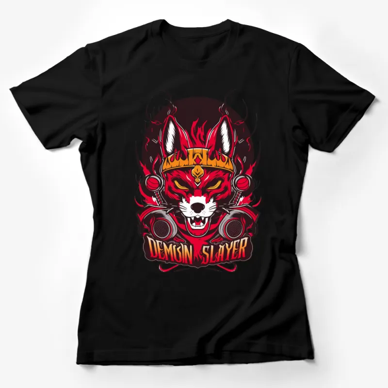 Demon Slayer Fox Design T-Shirt, Cool Red Fox Graphic Tee, Anime Inspired Streetwear for Men and Women Female T-Shirt