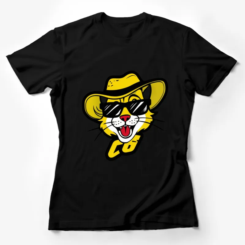 Cool Cat T-Shirt with Yellow Hat and Sunglasses, Hipster Cat Graphic Tee, Unique Animal Design Shirt Female T-Shirt