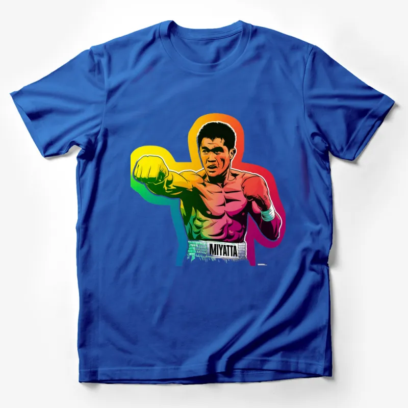 Colorful Boxer Graphic T-Shirt, Retro Style Fighting Pose Tee, Unique Martial Arts Inspired Shirt Design Male T-Shirt