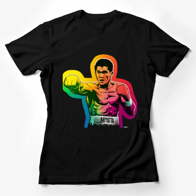 Colorful Boxer Graphic T-Shirt, Retro Style Fighting Pose Tee, Unique Martial Arts Inspired Shirt Design Female T-Shirt