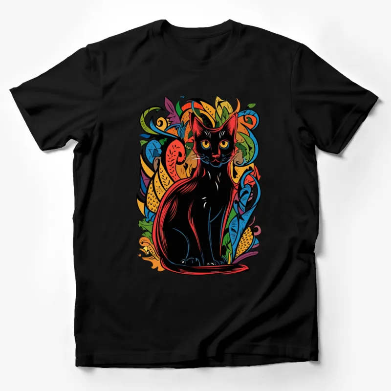 Colorful Black Cat T-Shirt, Funky Floral and Leaves Cat Design Tee, Unisex Cat Lover Graphic Shirt Male T-Shirt