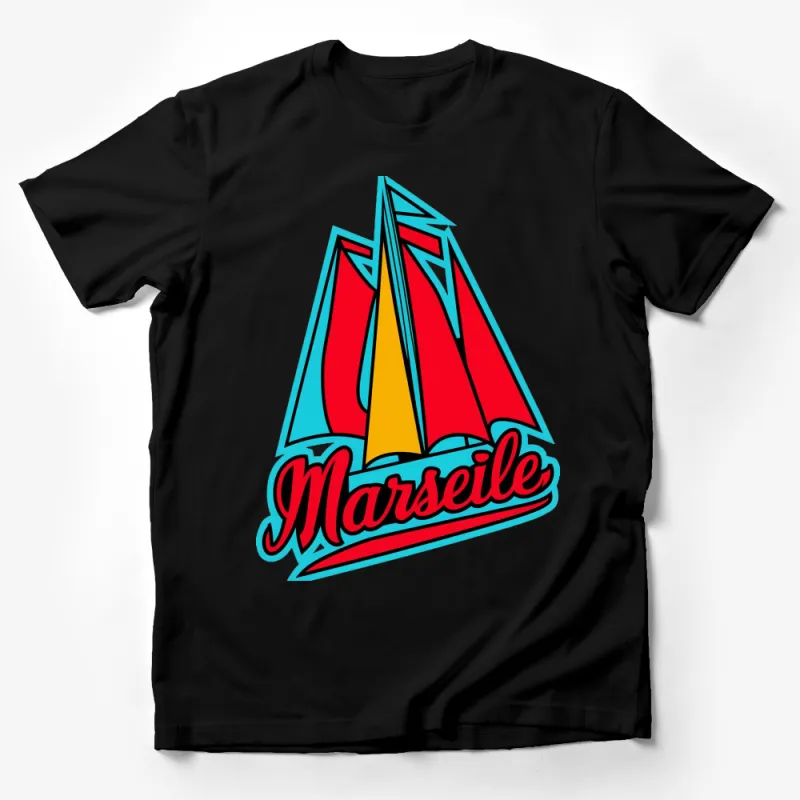 Colorful Marseille Sailboat Graphic T-Shirt, Nautical Summer Top for Men and Women Male T-Shirt