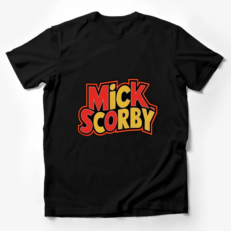 Mick Scorby Logo T-Shirt, Bold Red and Yellow Graphic Tee, Unisex Adult Sizes Male T-Shirt