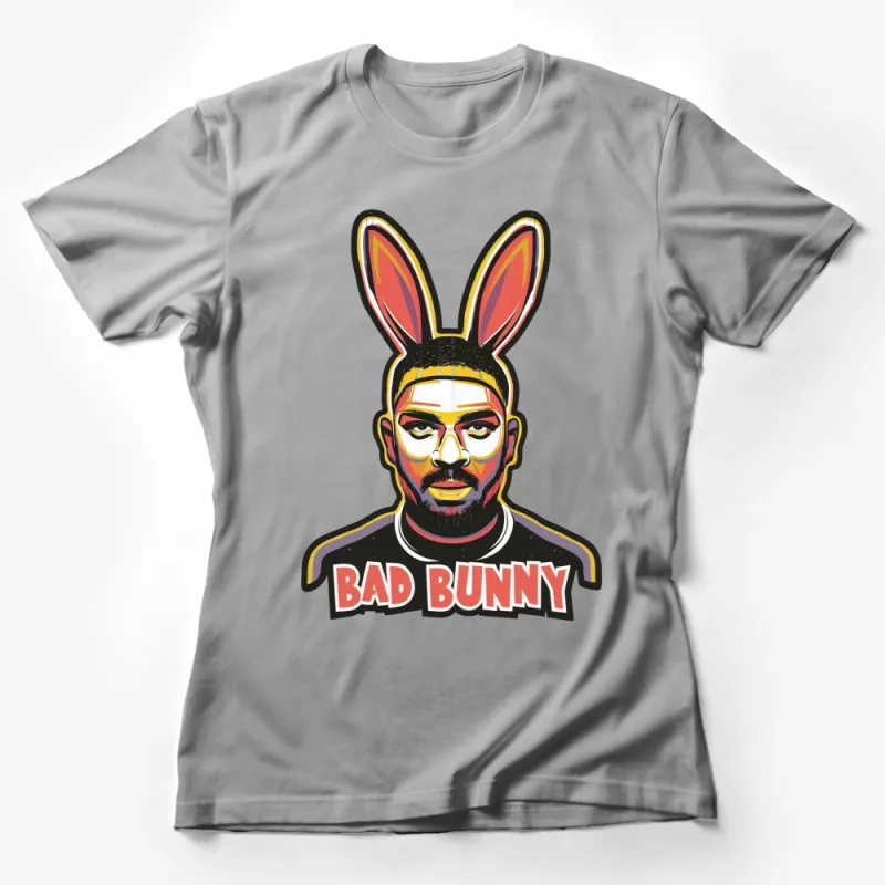 Bad Bunny Inspired Graphic T-Shirt, Bold Pop Art Style Rabbit Ears Tee, Unisex Music Fan Apparel Female T-Shirt