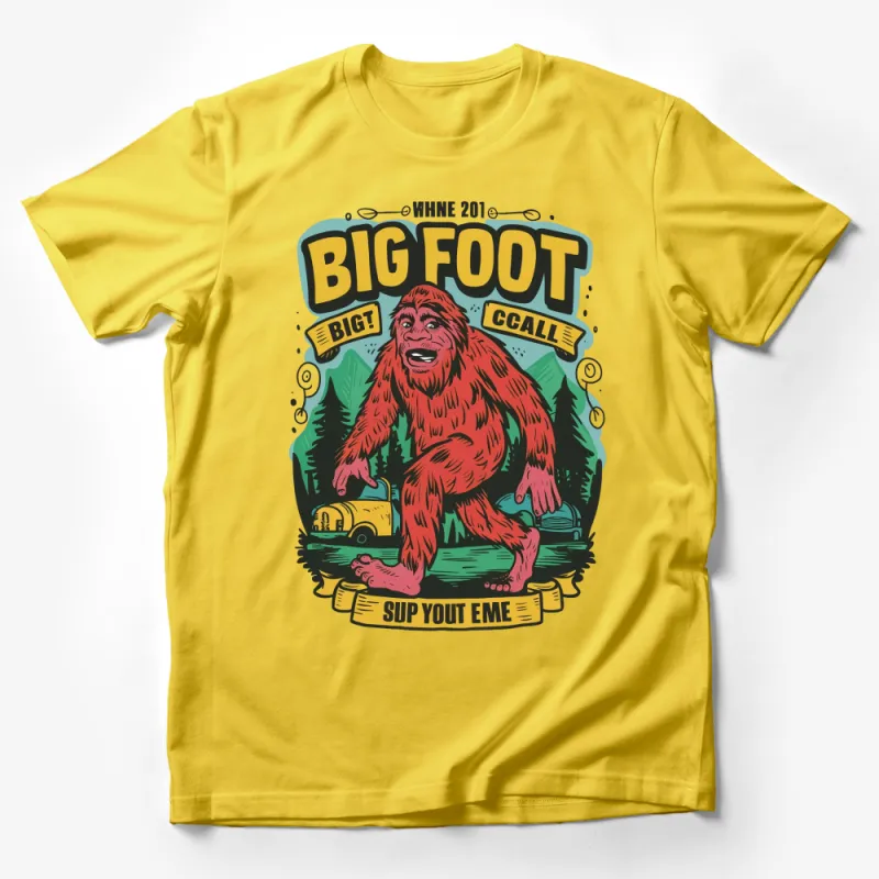 Bigfoot Graphic T-Shirt, Colorful Sasquatch in Forest Art Tee, Camping Outdoor Adventure Shirt, Unique Cryptozoology Clothing Gift Male T-Shirt