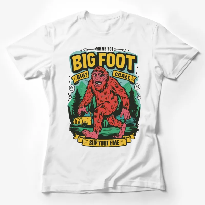 Bigfoot Graphic T-Shirt, Colorful Sasquatch in Forest Art Tee, Camping Outdoor Adventure Shirt, Unique Cryptozoology Clothing Gift Female T-Shirt