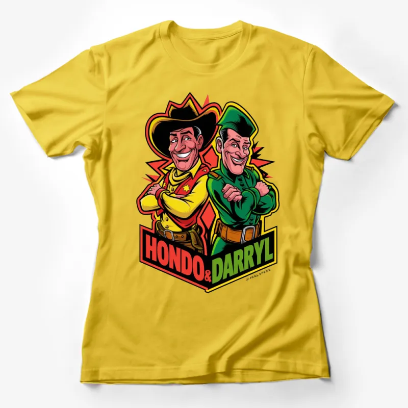 Retro Cowboy Cartoon T-Shirt, Vintage Western Duo, Colorful Pop Art Style, Hondo and Darryl Graphic Tee Female T-Shirt