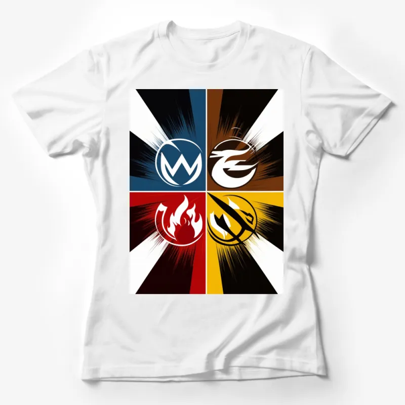 Retro Superhero Emblems T-Shirt, Colorful Comic Book Style Tee, Unique Graphic Design Shirt Female T-Shirt