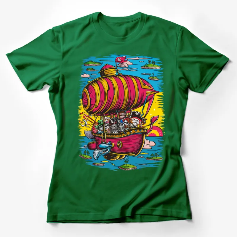 Colorful Pirate Ship Adventure Print T-Shirt, Whimsical Airship Graphic, Men's Women's Casual Tee Female T-Shirt