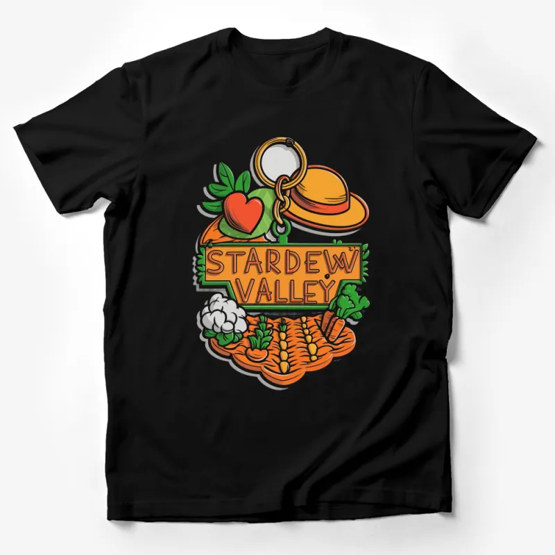 Stardew Valley Themed Keychain, Farming Video Game Inspired Merchandise, Orange and Green Male T-Shirt