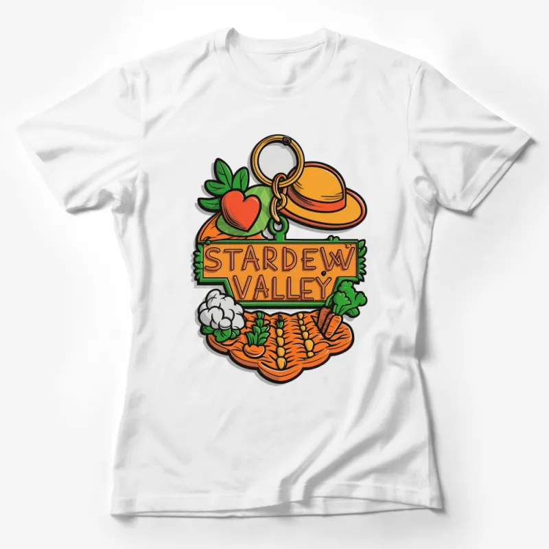 Stardew Valley Themed Keychain, Farming Video Game Inspired Merchandise, Orange and Green Female T-Shirt