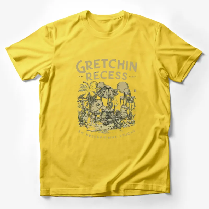 Vintage Gretchen Recess Elephant T-Shirt, Tropical Jungle Scene Graphic Tee, Unisex Male T-Shirt