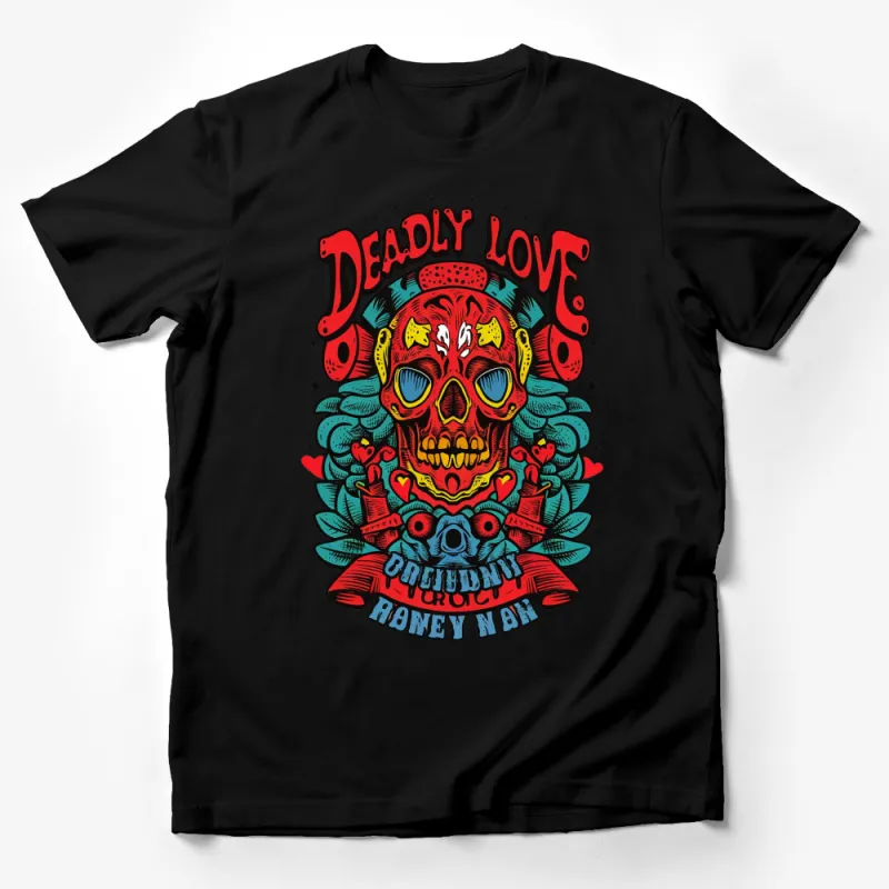 Deadly Love Skull Graphic T-Shirt, Bright Colors, Bold Tattoo Style Art Tee Male T-Shirt