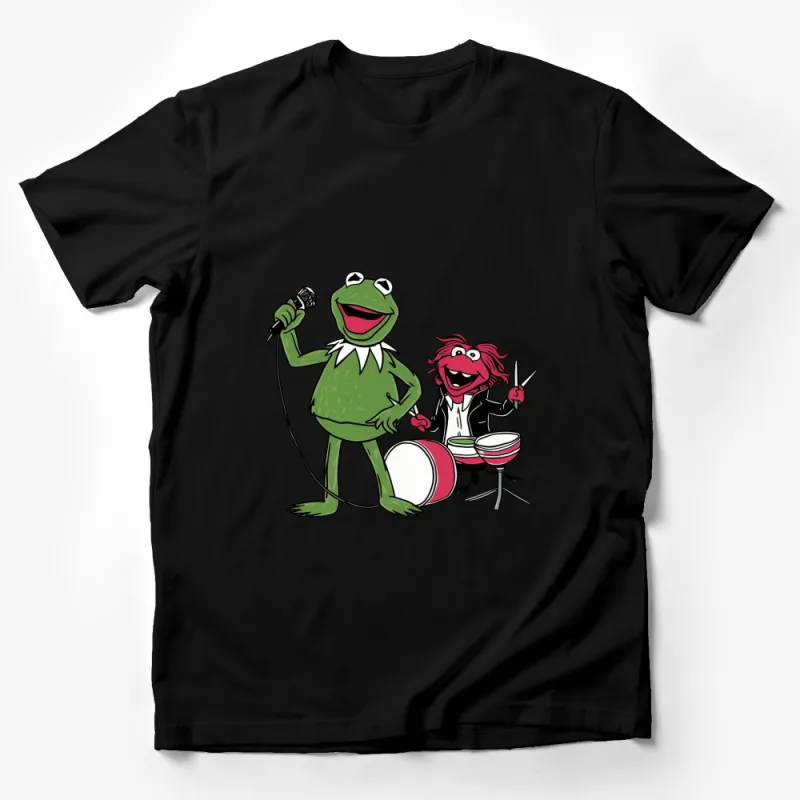 Cartoon Frog and Drummer T-Shirt, Funny Animal Band Tee, Kids and Adults Male T-Shirt