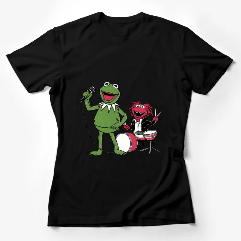 Cartoon Frog and Drummer T-Shirt, Funny Animal Band Tee, Kids and Adults Female T-Shirt