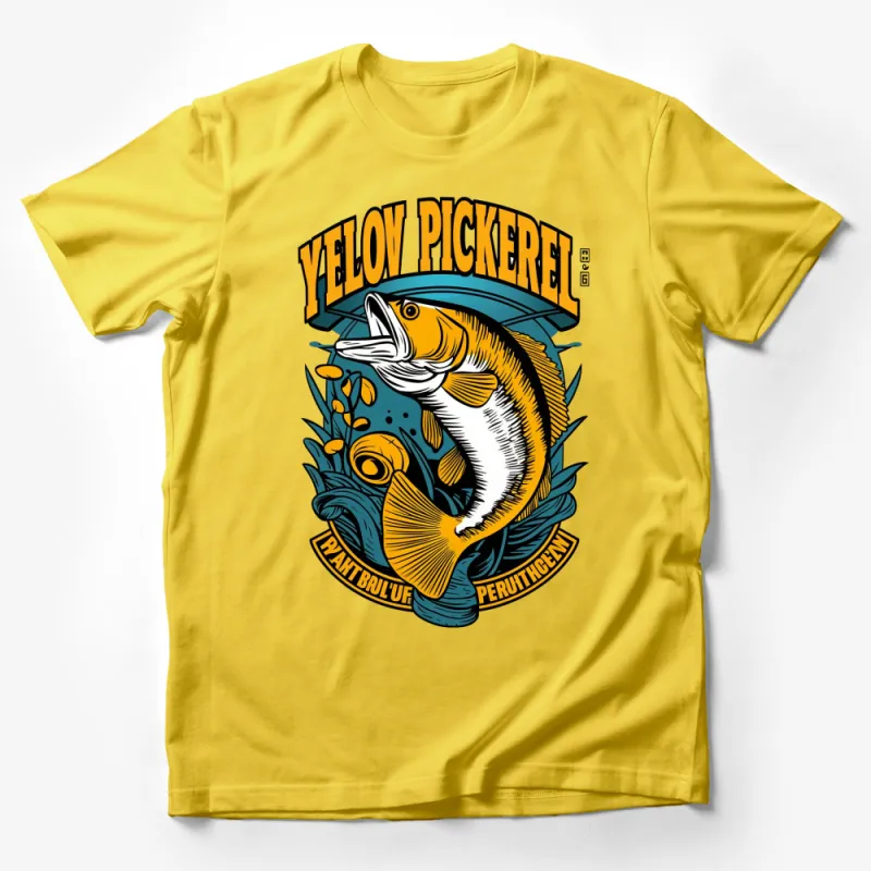 Yellow Pickerel Fish Graphic T-Shirt | Vintage Fishing Tee | Angler Gift | Retro Style Outdoor Apparel Male T-Shirt