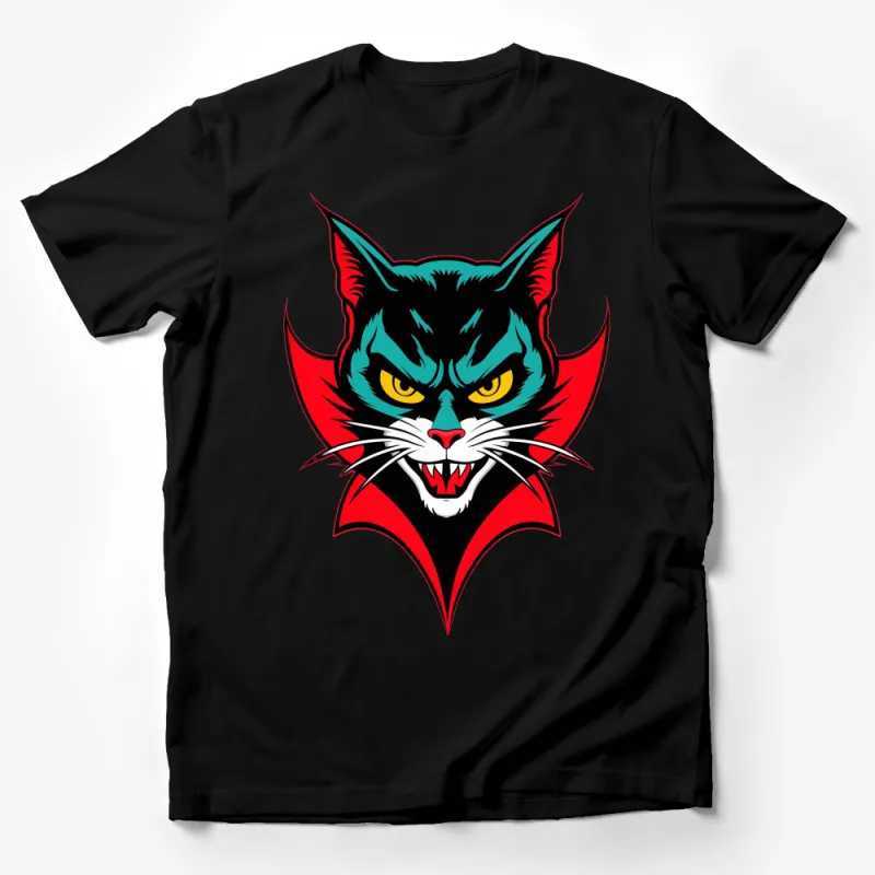 Men's Black Cat Graphic T-Shirt, Angry Cat Face with Red Accents, Fierce Feline Tee, Urban Streetwear, Unique Cat Lover Gift, Cool Design Male T-Shirt