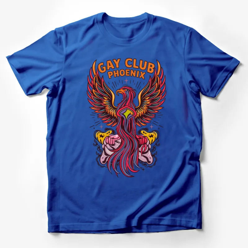 Gay Club Phoenix T-Shirt, Vibrant Phoenix Bird Graphic, Rainbow Pride Shirt, Colorful Urban Casual Wear, Unisex Male T-Shirt