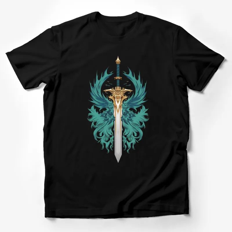 Fantasy Sword T-Shirt, Mythical Weapon Graphic Tee, Green Fire Wings, Unisex Apparel Male T-Shirt