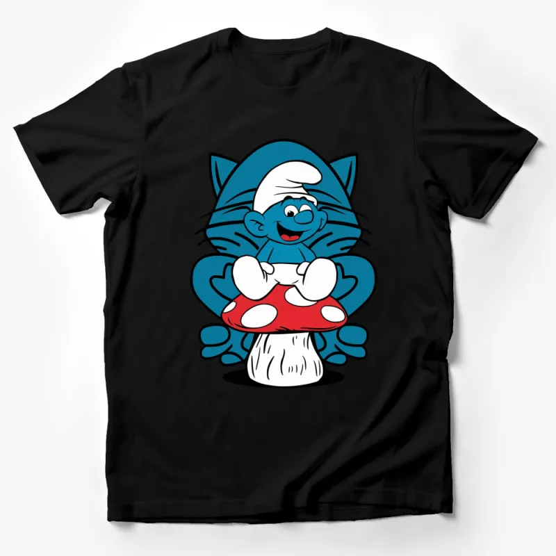 Blue Cartoon Character T-Shirt, Cute Smurf Sitting on Mushroom, Kids and Adults Sizes Available Male T-Shirt