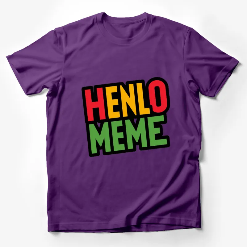 Henlo Meme T-Shirt, Bold Text Graphic Tee, Funny Internet Slang Shirt, Colorful Casual Wear Male T-Shirt