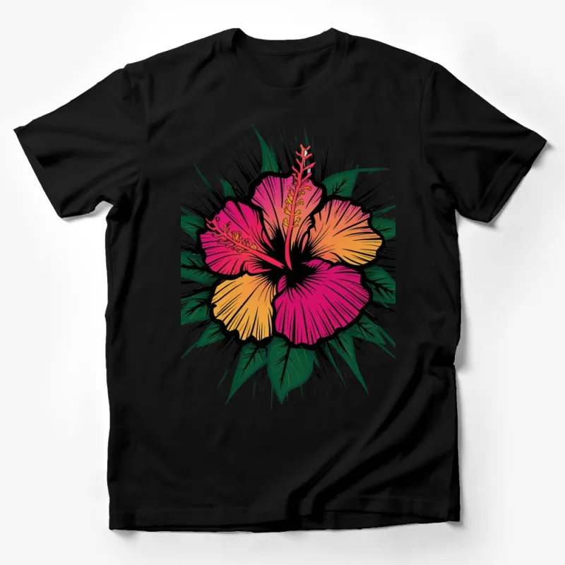 Tropical Hibiscus Flower T-Shirt, Bright Pink and Orange Floral Graphic Tee, Unisex Summer Shirt Male T-Shirt