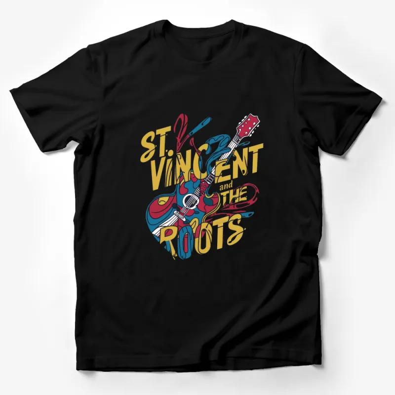 Colorful Music Band Graphic T-Shirt, St. Vincent and The Roots Tee, Artistic Guitar Design, Unique Unisex Apparel Male T-Shirt