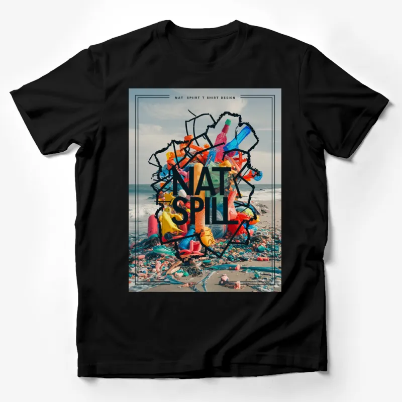 Nat Spill Graphic T-Shirt, Bold Environmental Statement, Beach Pollution Design Male T-Shirt