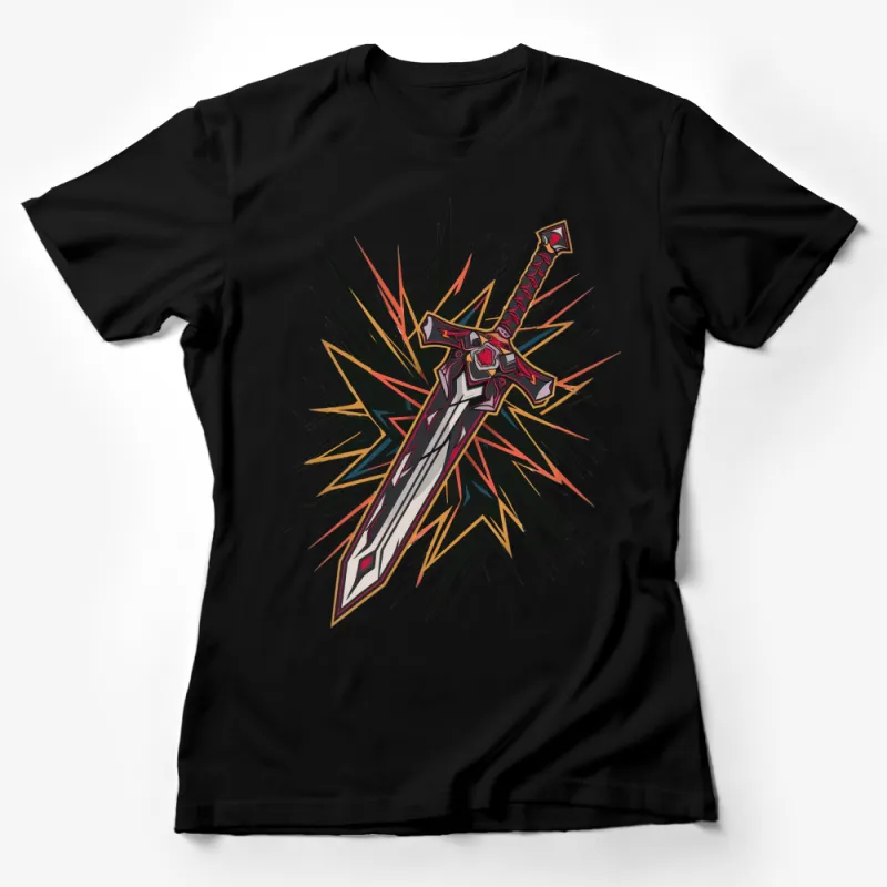 Graphic T-Shirt with Colorful Sword Design, Unisex Fantasy Sword Apparel Female T-Shirt